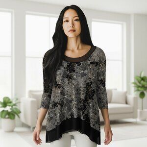 Susan Lawrence Womens Black & Gold Asymmetric Tunic Top M Boho Holiday Cocktail